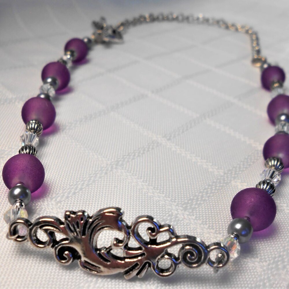 No876 Handmade necklace with Tibetan silver charm, glass, crystals and frosted g